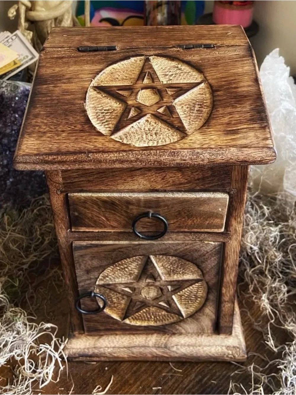 Handmade Wooden Pentacle Storage Box – 10” – Multi-Compartment Altar Chest